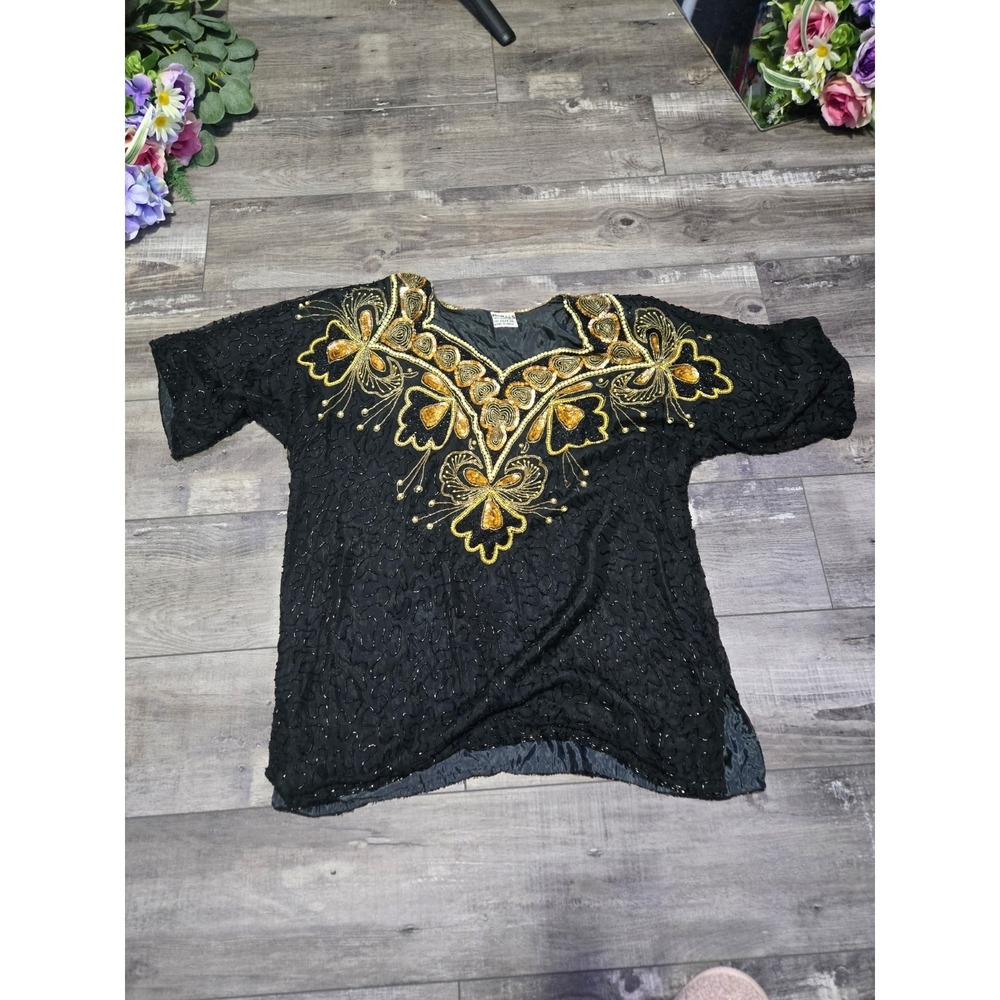 Vintage HiiRààs 100% Silk Top Womens M Sequin Beaded Embellished Made In India